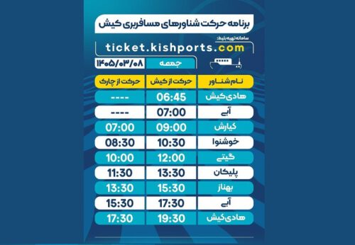 برنامه حرکت شناور‌های مسافربری و حمل خودرو کیش، جمعه ۸ خرداد