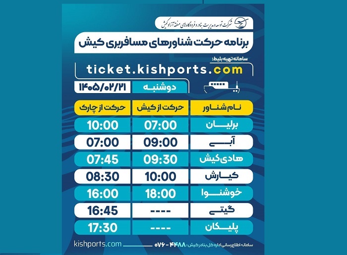 برنامه حرکت شناور‌های مسافربری و حمل خودرو کیش، دوشنبه ۲۱ اردیبهشت
